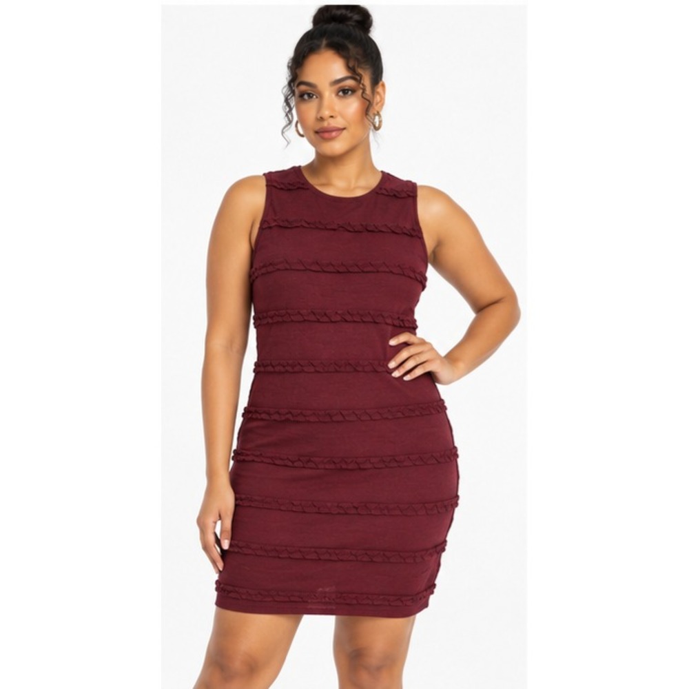 Calvin Klein Burgundy Knit Sleeveless Ruffle Tiered Sheath Dress Womens
